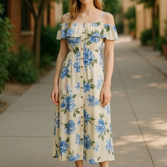 NWT  Justice Juniors sz 14  Blue Floral Midi/Maxi Dress off shoulder lined party - Picture 1 of 10